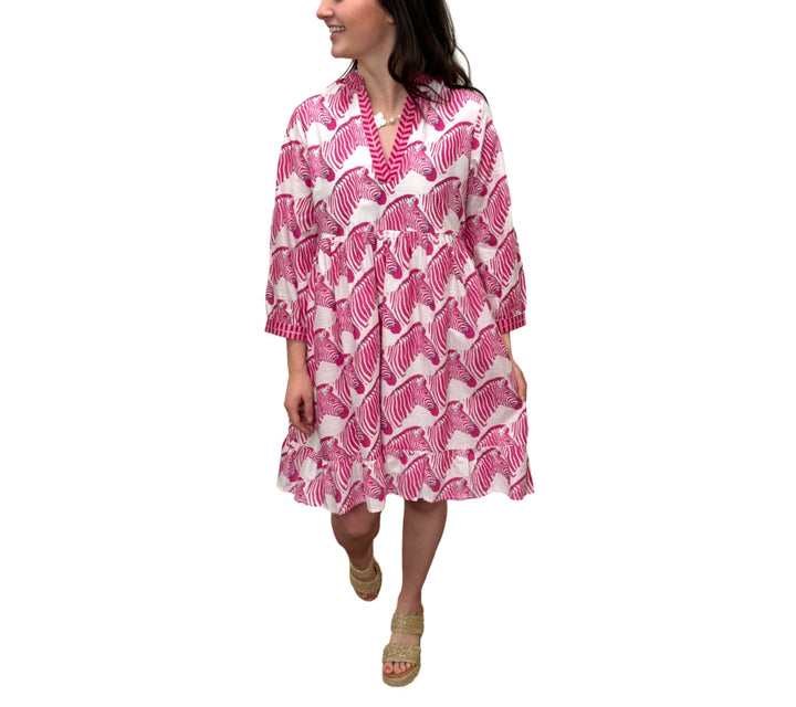 The Show Your Stripes Morley Embroidered Trim Dress in Pink and White Zebra Print — view 4