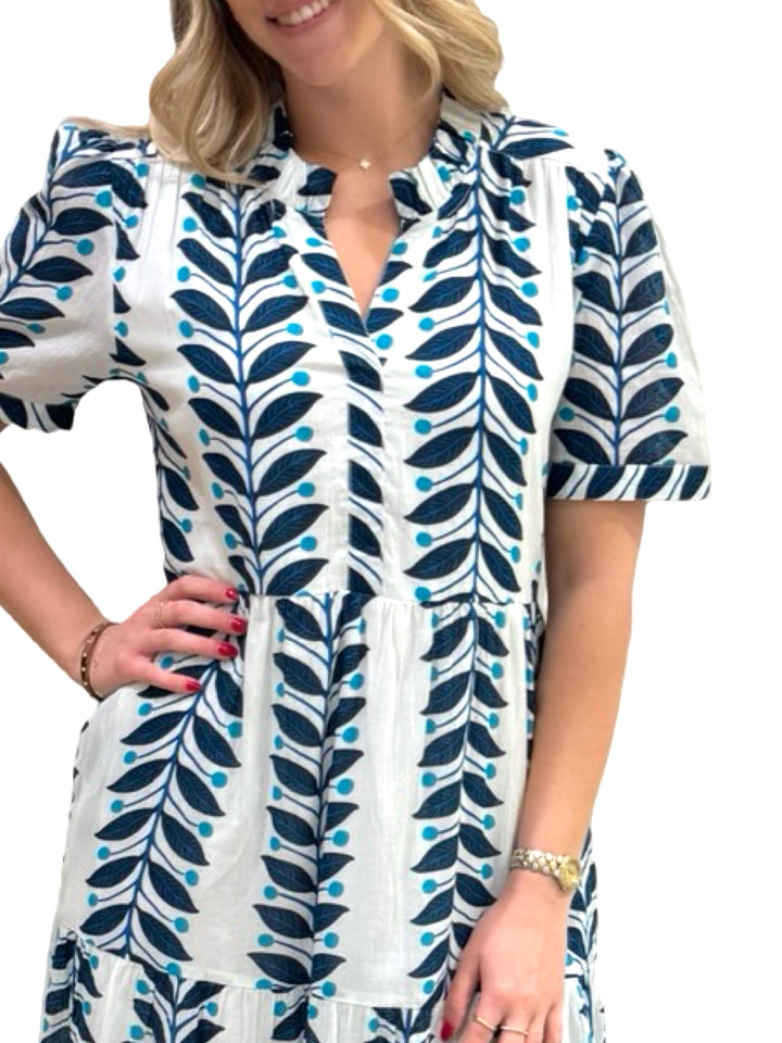 The Campbell Short Sleeve Cotton Dress in Blue Vine Print — view 3