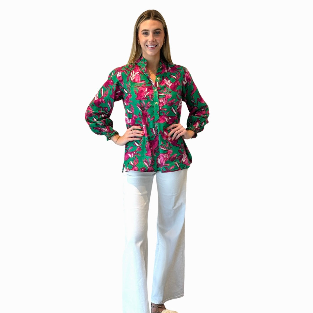 The Callaway Button Front Blouse in Jade Green and Pink Bunny Print