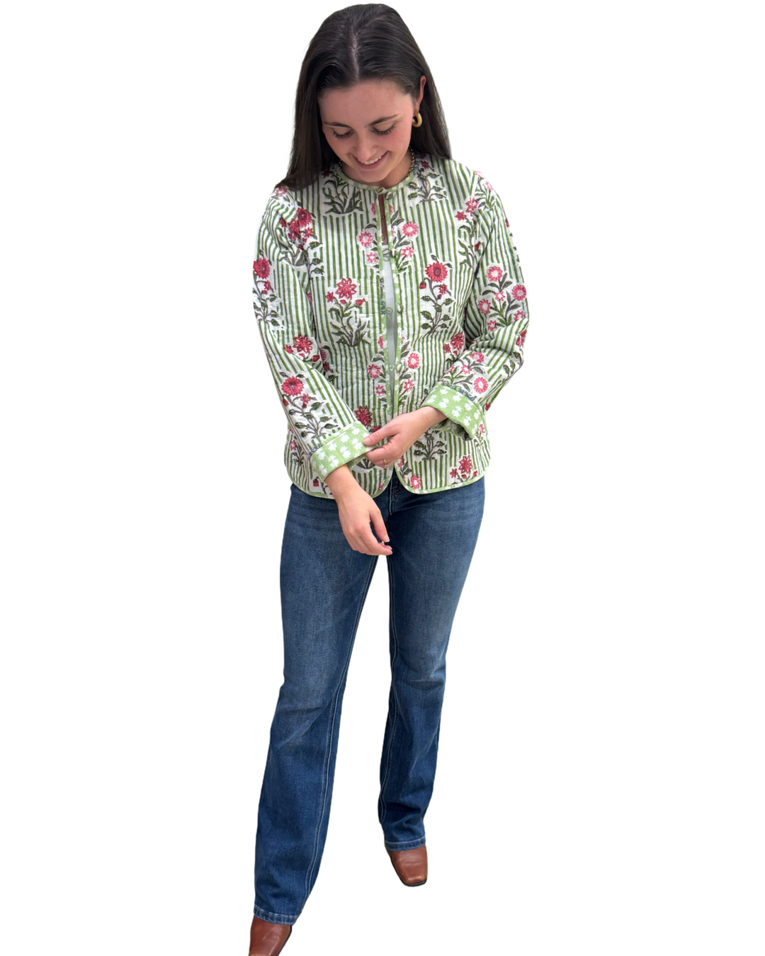 The Madeline Reversible Jacket in Green Hand-Block Striped Floral — view 3
