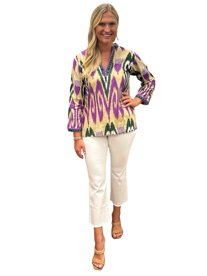 The Winslow Embroidered Trim Tunic in Green Purple Ikat
