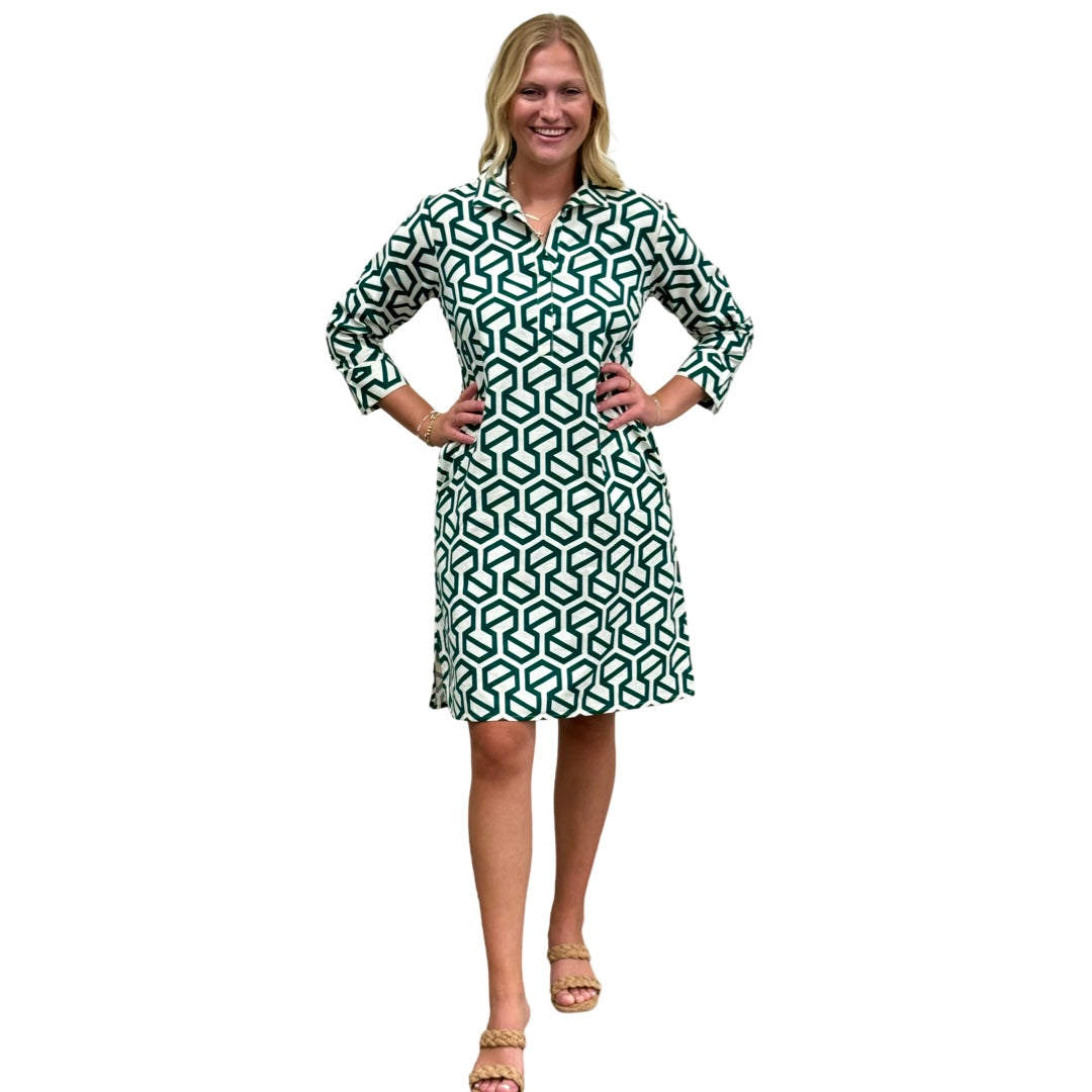 The Lisette Cotton Linen Dress in Emerald and White