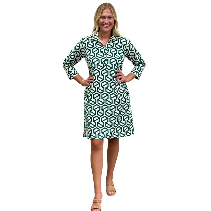 The Lisette Cotton Linen Dress in Emerald and White