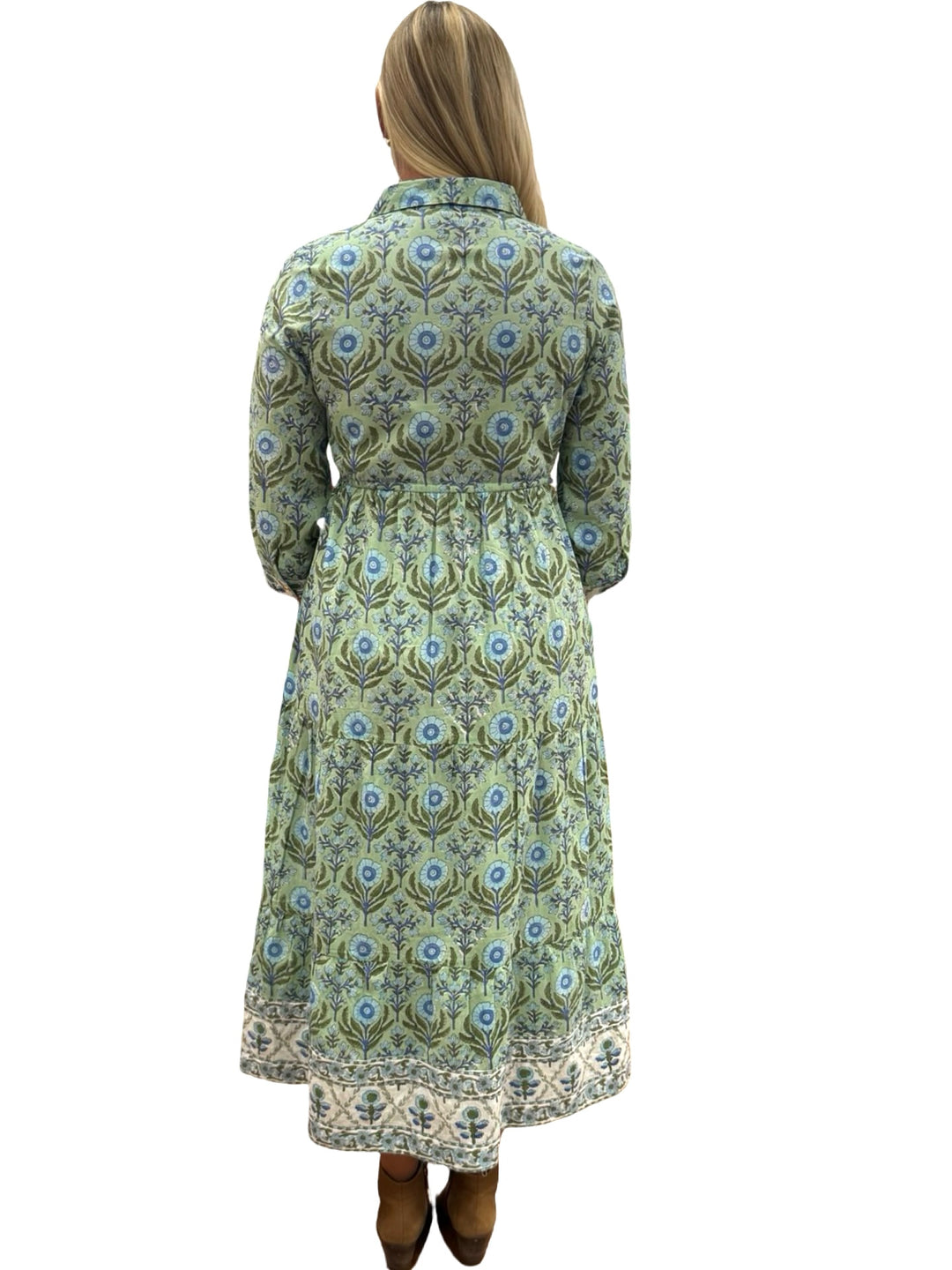 The Hamilton Tie Front Dress in Green and Blue Handblock Printed Floral