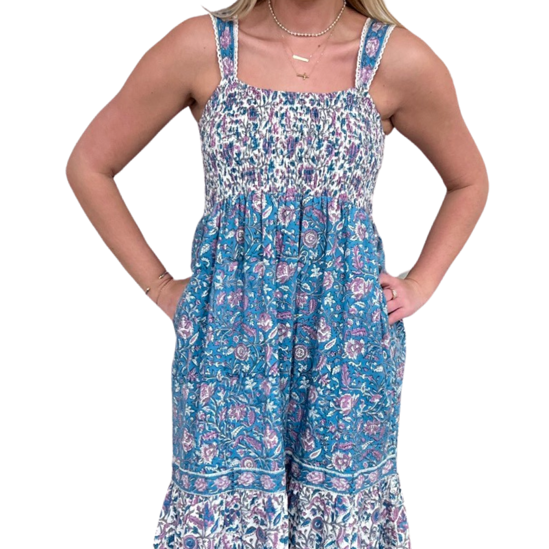 The Sutton Floral Print Smocked Long Length Dress — view 6