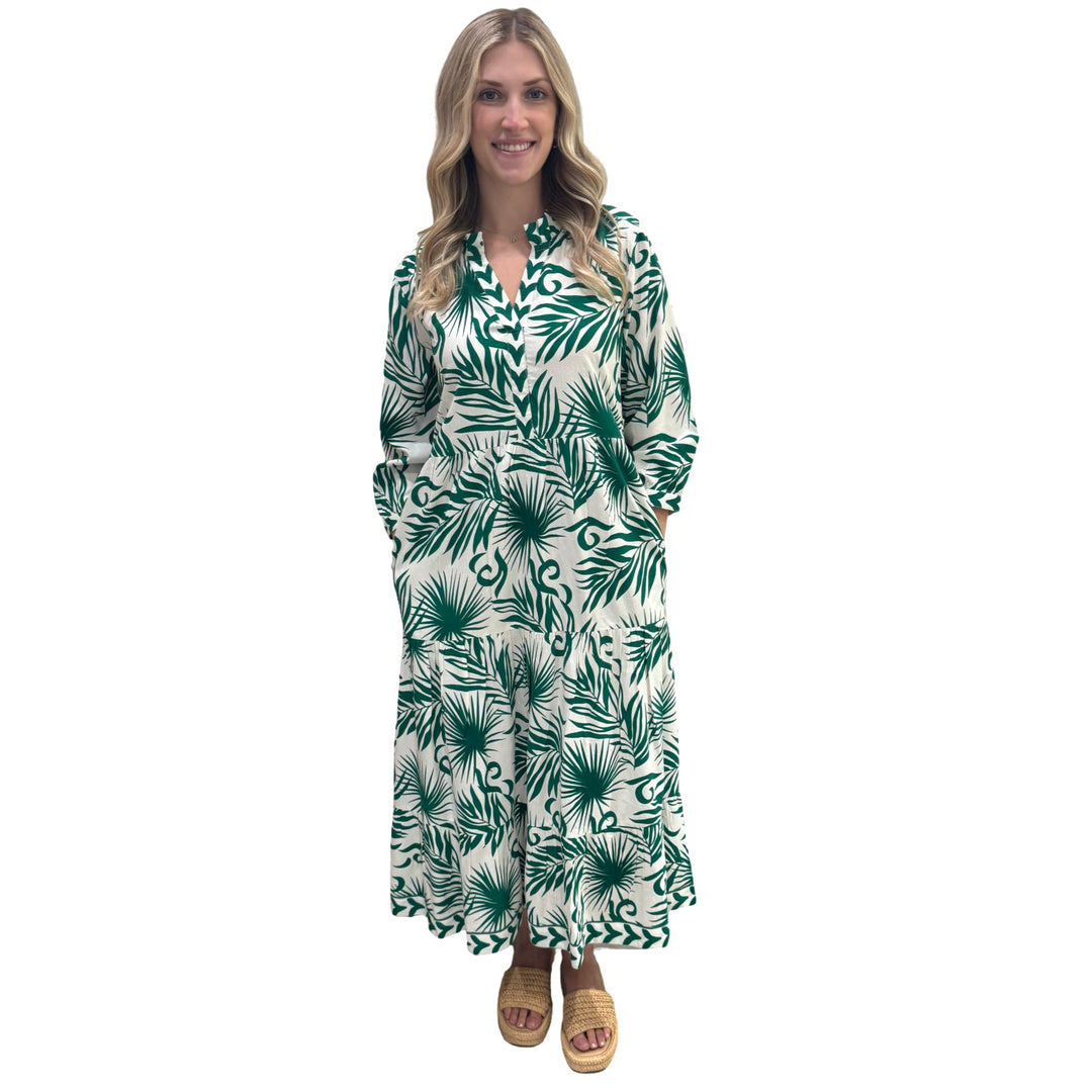 The Campbell Long Classic Fit Dress in Emerald and White Palm Print — view 3