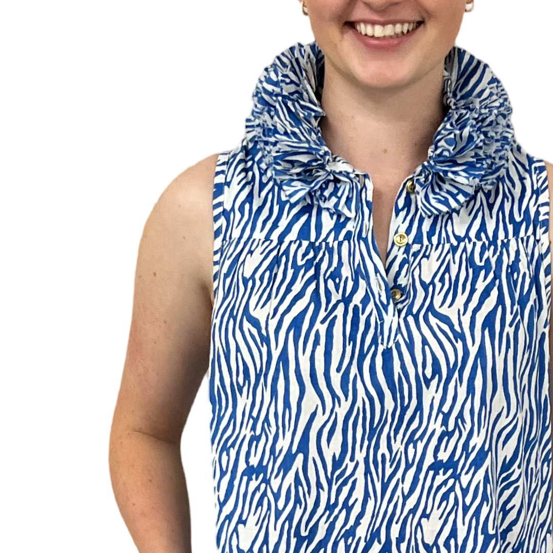 The Newport Sleeveless Ruffle Collar Tunic in Blue White Zebra Stripe — view 5