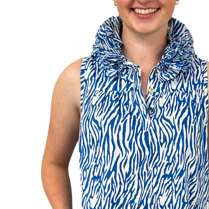 The Newport Sleeveless Ruffle Collar Tunic in Blue White Zebra Stripe — view 5