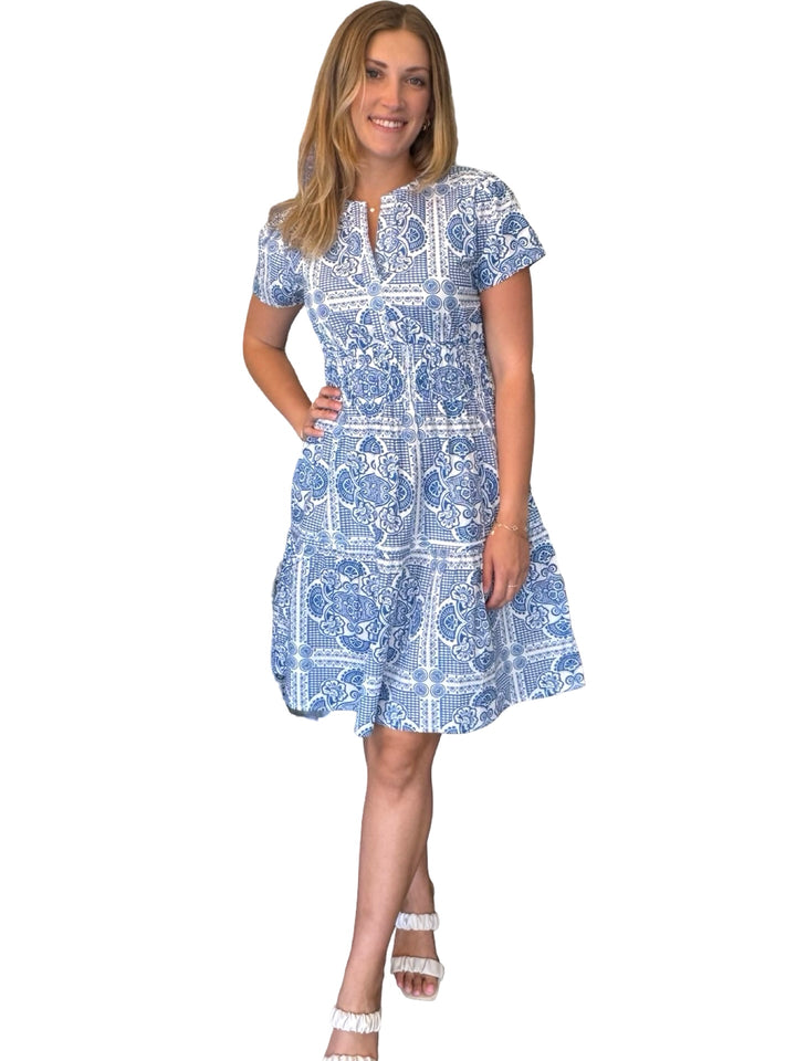 The Sydney Short Sleeve Cinch Waist Dress in Blue Geometrical Printed Cotton — view 3