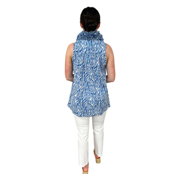 The Newport Sleeveless Ruffle Collar Tunic in Blue White Zebra Stripe — view 6