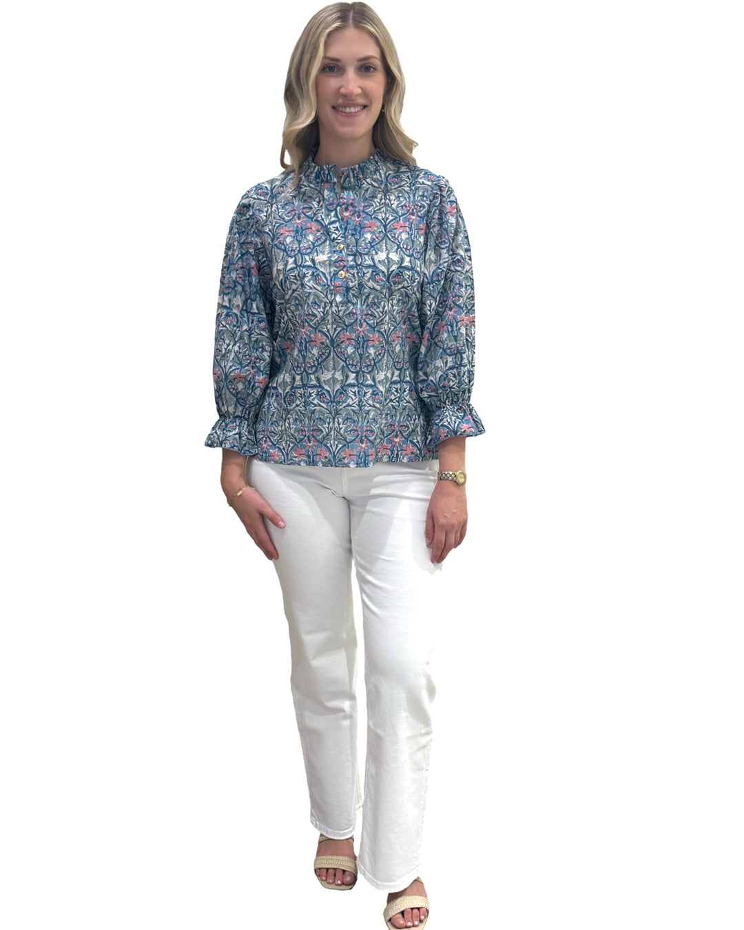 The Ainsley Hand Block Printed Cotton Ruffle Trimmed Top — view 3