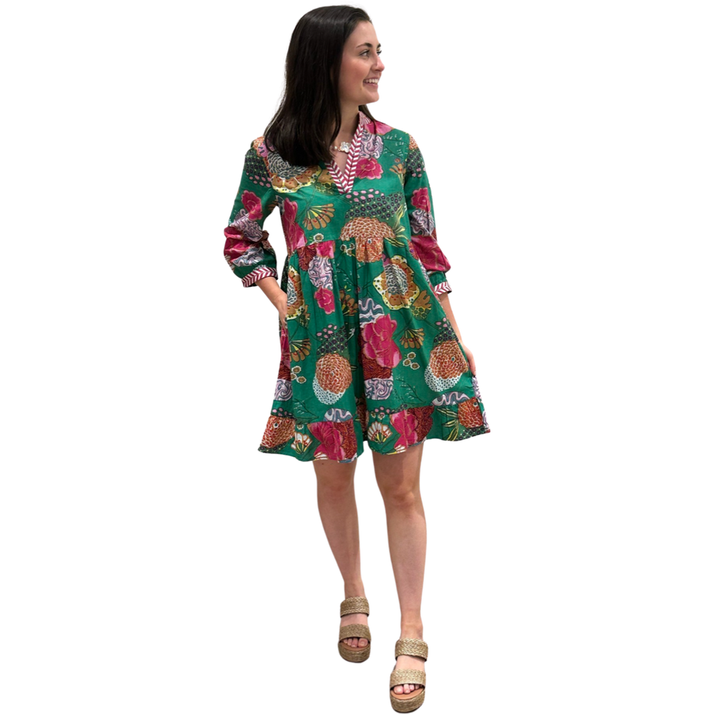 The Morley Cotton Hand Block Printed Embroidered Trim Dress in Jade — view 2
