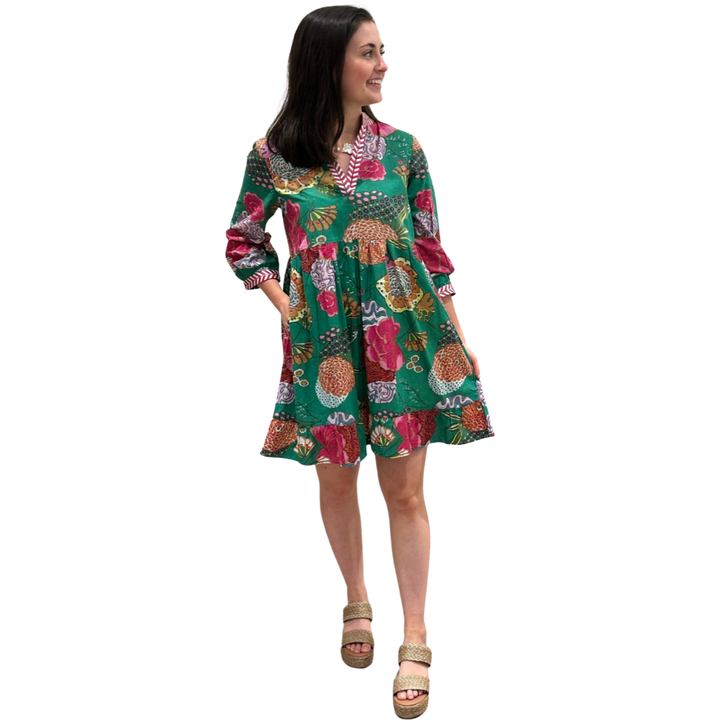 The Morley Cotton Hand Block Printed Embroidered Trim Dress in Jade — view 2