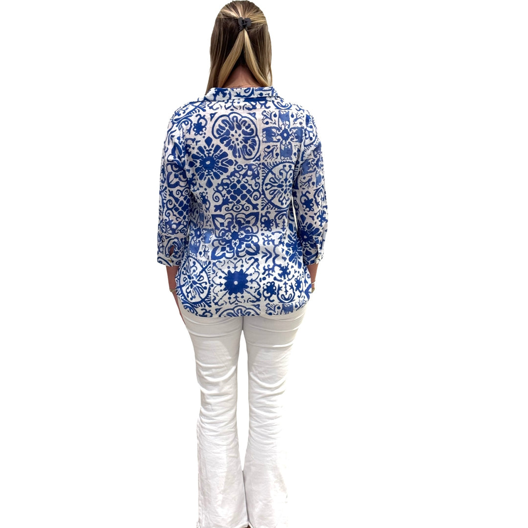 The Carly White Blue Mosaic Print Top — view 4