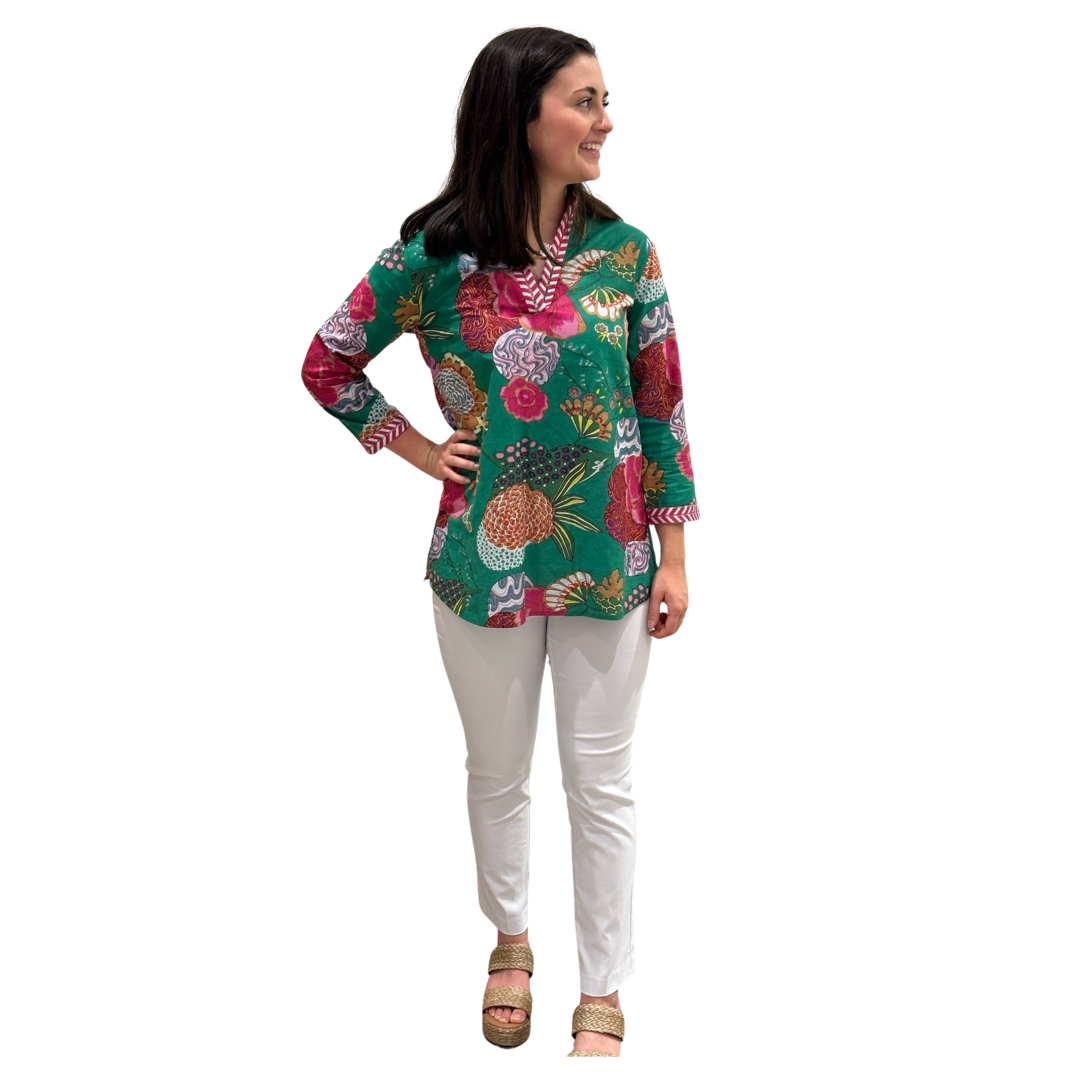 The Brie Floral Printed Cotton Tunic in Jade — view 3