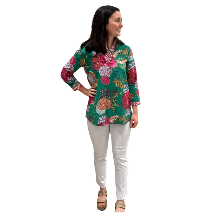 The Brie Floral Printed Cotton Tunic in Jade — view 3