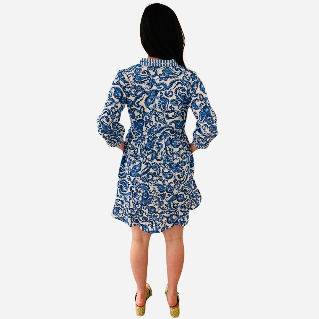 The Morley Cotton Embroidered Trim Dress in Blue and White — view 6