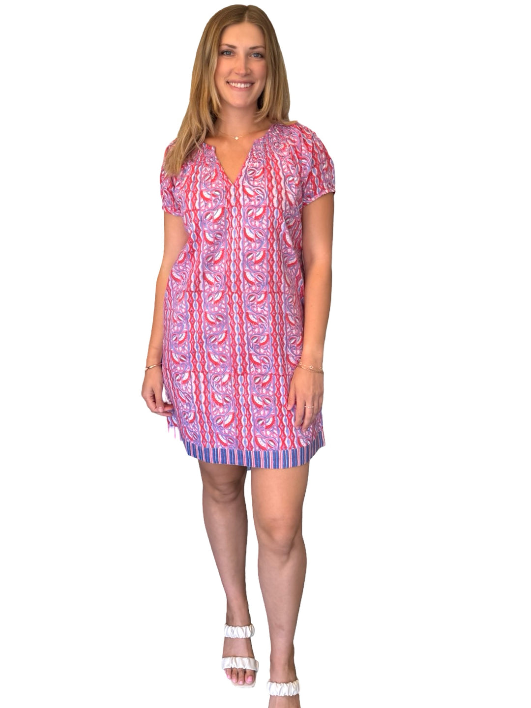 The Michelle Smocked Neck Dress in Pink Multi Hand Block — view 2