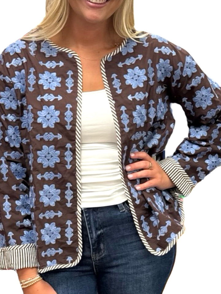 The Nellie Reversible Applique Jacket in Brown and Periwinkle Blue