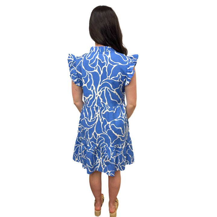 The Campbell Flutter Sleeve Dress in Brilliant Blue and White — view 5