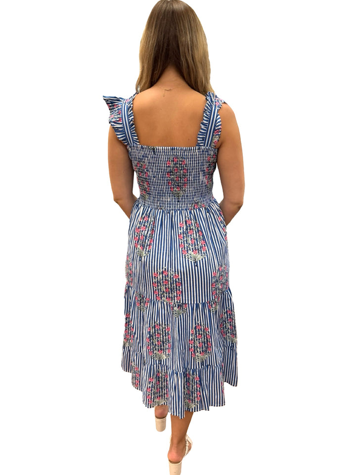 The Cloey Smocked Cotton Midi Dress in Blue Striped Pink Tulip Floral — view 5