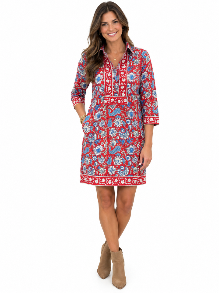 The Annika Shirt Dress in Red Blue Hand Block Printed Floral