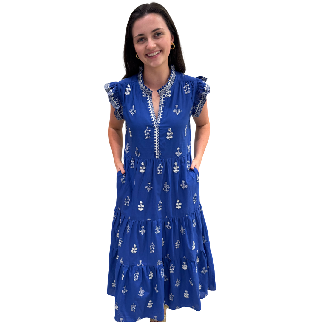 The Campbell Embroidered Dress in Royal and White — view 2