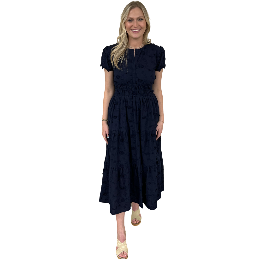 The Sydney Long Length Cinch Waist Dress in Embroidered Navy Floral Liza Byrd The Sydney Long Length Cinch Waist Dress in Embroidered Navy Floral Liza Byrd