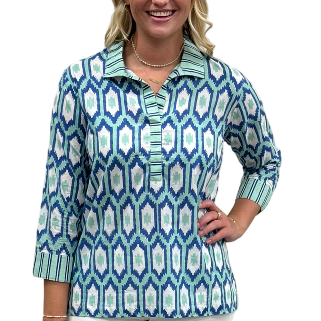 The Lisette Top in Green Blue Ikat — view 6