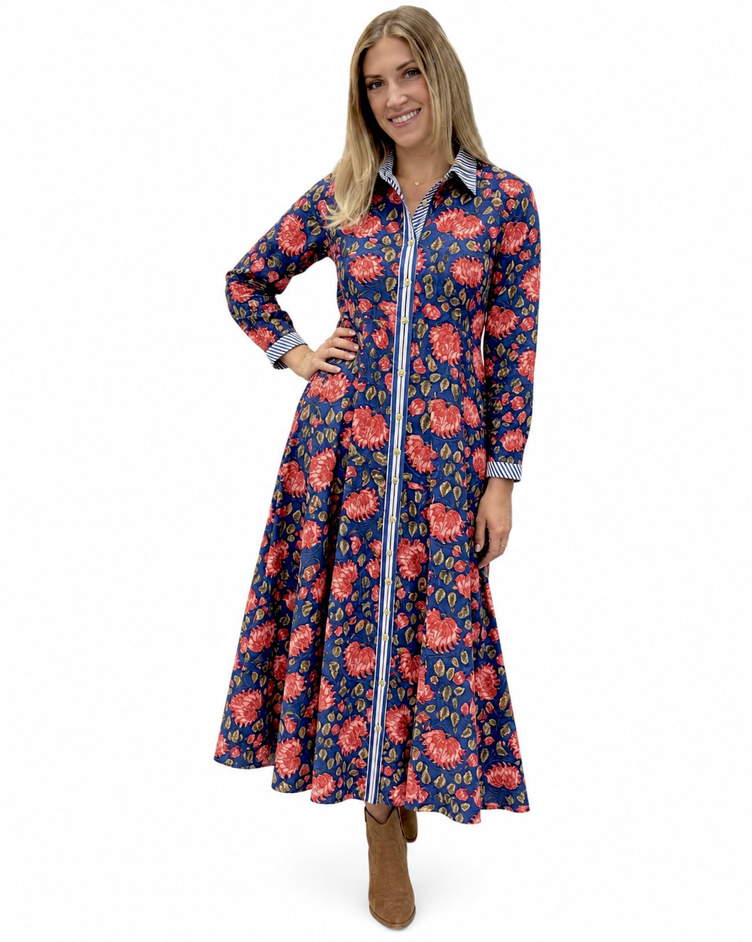 The Marion Button Front Dress in Blue Red Floral Print