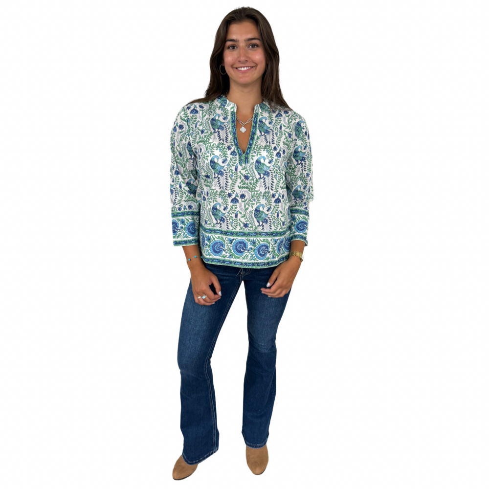 The Kelsea Cotton Hand Block Peacock Print Top in Blue Green — view 2