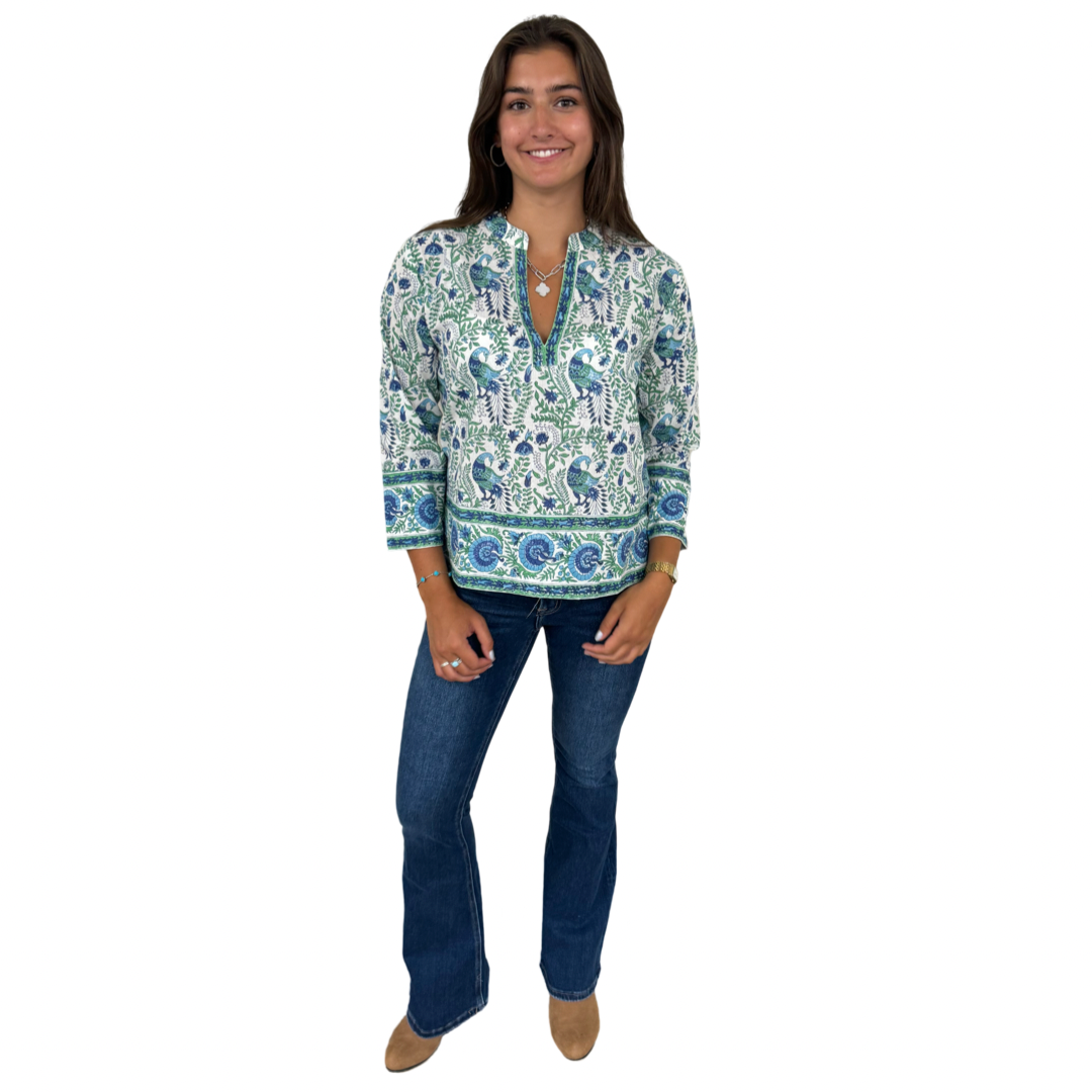 The Kelsea Cotton Hand Block Peacock Print Top in Blue Green — view 2