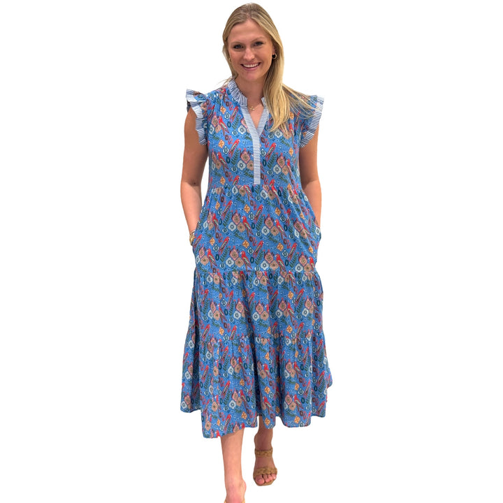 The Campbell Flutter Sleeve Dress in Blue Parrot Print — view 3
