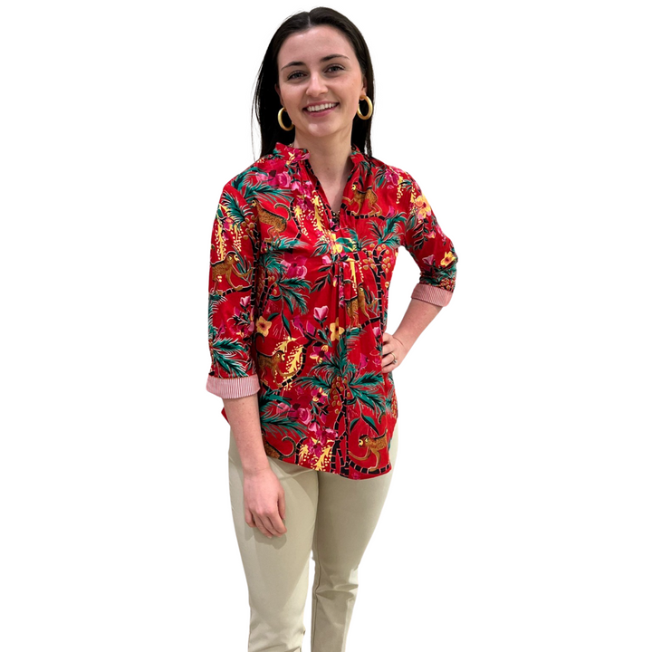 The Eloise Cotton Monkey Print Top in Crimson — view 3