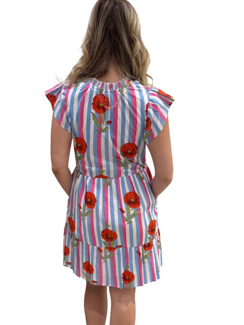The Tinley Cotton Hand Block Printed Striped Dress in Pink Blue Floral — view 5