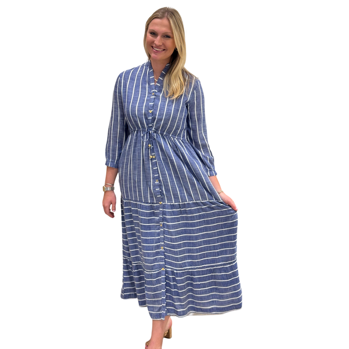The Hamilton Chambray Stripe Tie Waist Dress in Blue and White — view 3