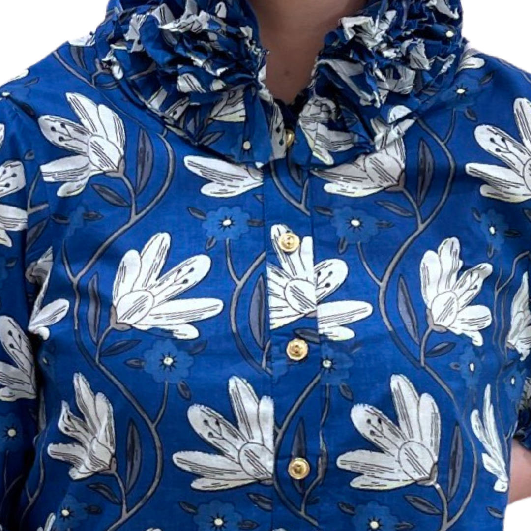 The Maria Ruffle Neck Cotton Blouse in Blue Petal Print — view 7