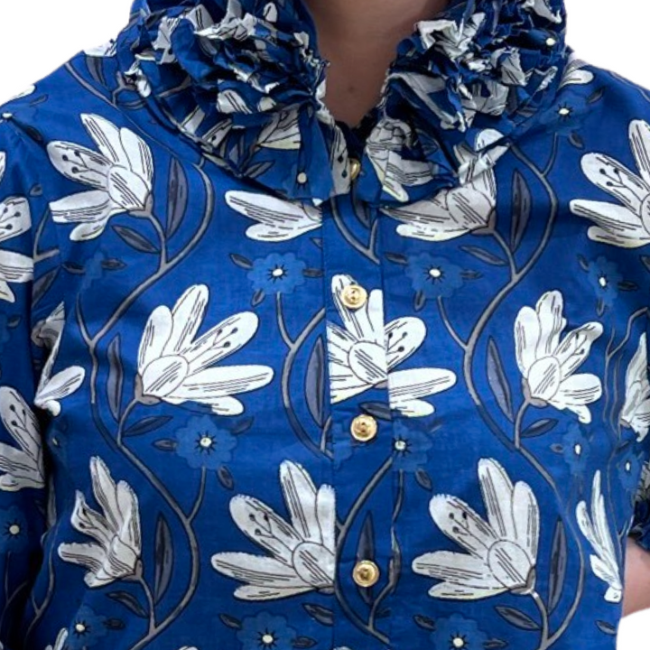 The Maria Ruffle Neck Cotton Blouse in Blue Petal Print — view 7