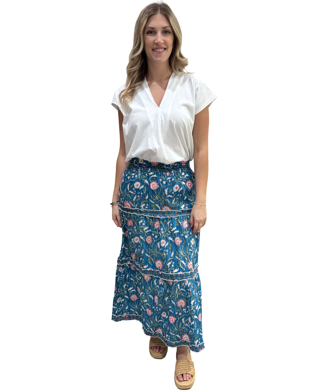 The Kara Long Length Skirt in Blue Pink Metallic Hand- Blocked Floral — view 3