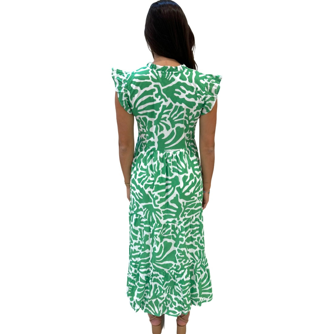 The Campbell Long Flutter Sleeve Dress in Vibrant Green and White — view 7