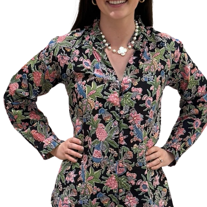 The Embry Cotton Block Print Floral Button Front Top in Midnight Floral — view 6