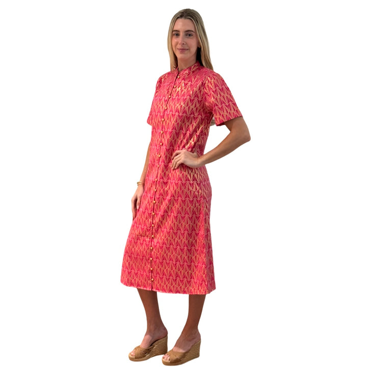 The Tabitha Button Front Dress in Pink and Gold Jacquard — view 4
