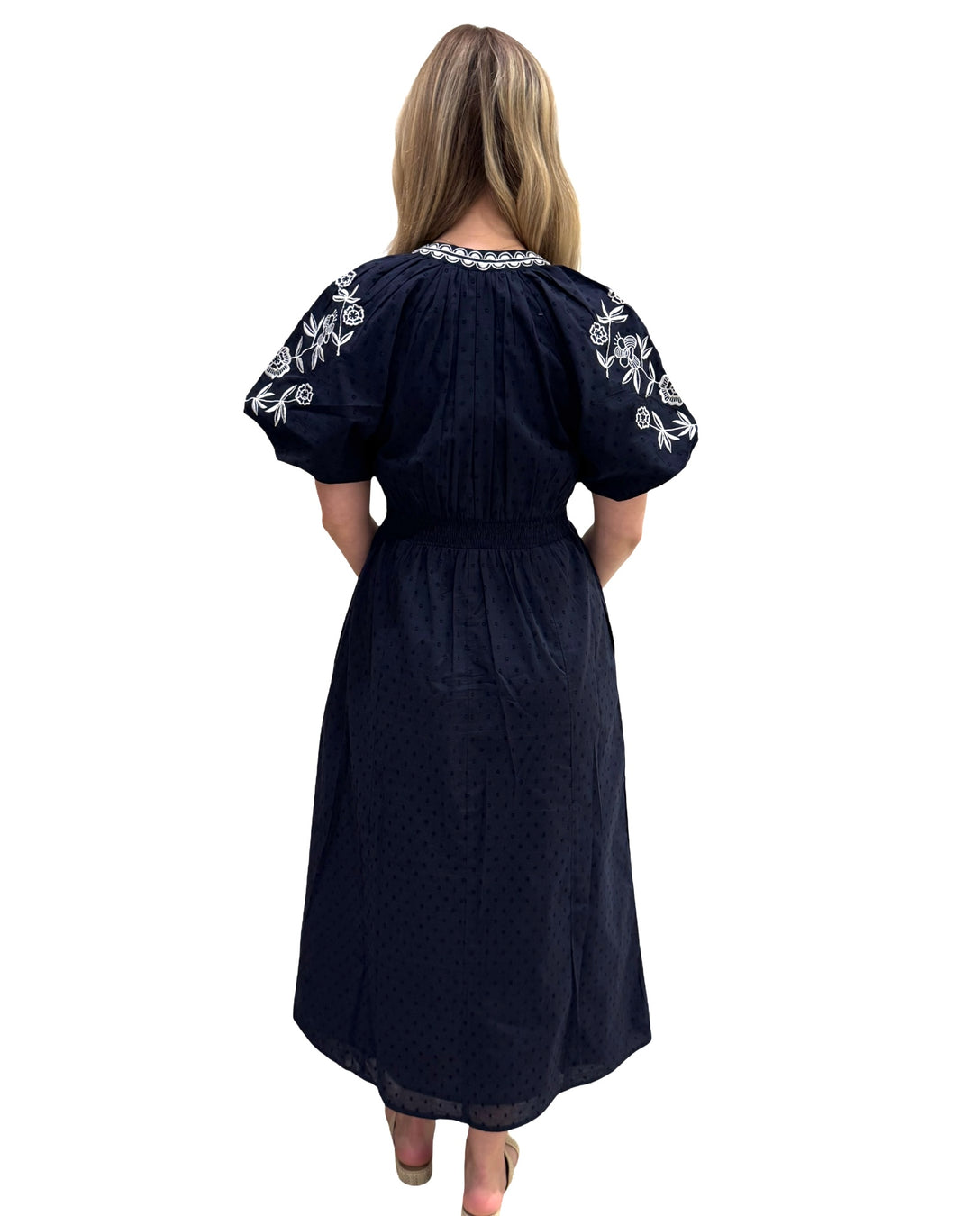 The Gabby Long Embroidered Dress in Navy White — view 6