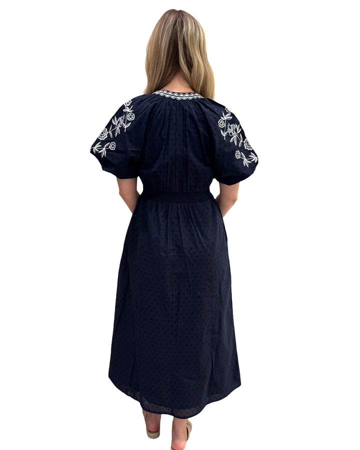 The Gabby Long Embroidered Dress in Navy White — view 6