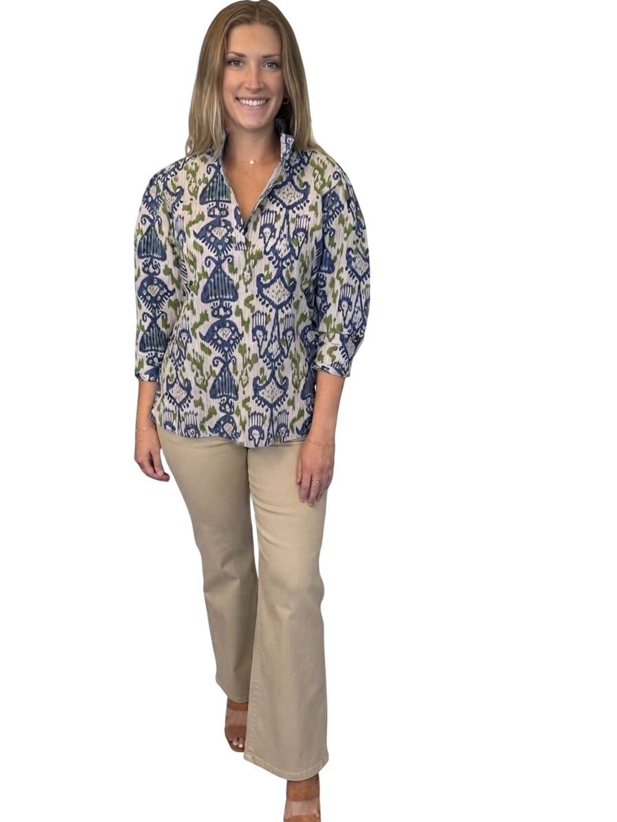 The Shipley Top in Green Blue Ikat Cotton