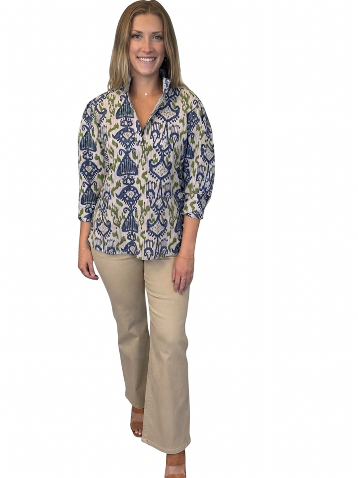 The Shipley Top in Green Blue Ikat Cotton