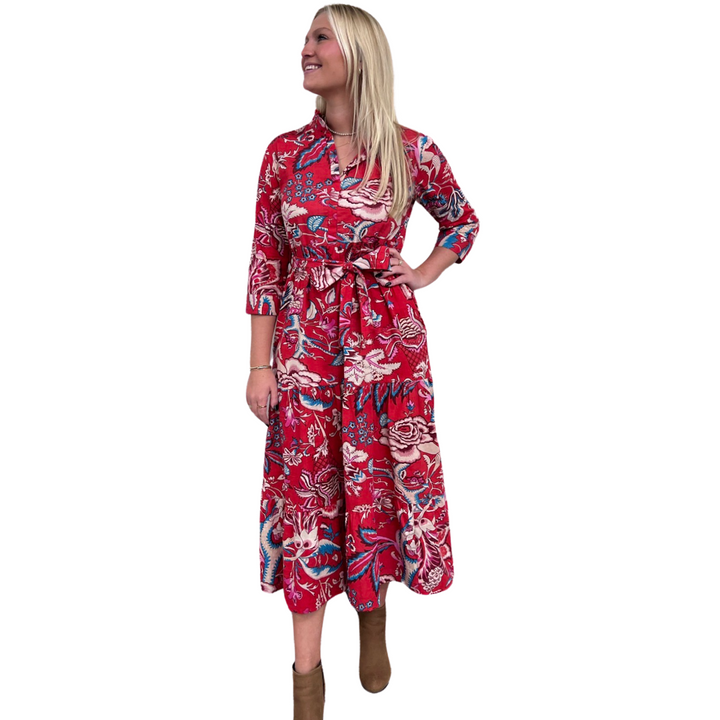 The Camden Block Print Dress in Raspberry Floral — view 3