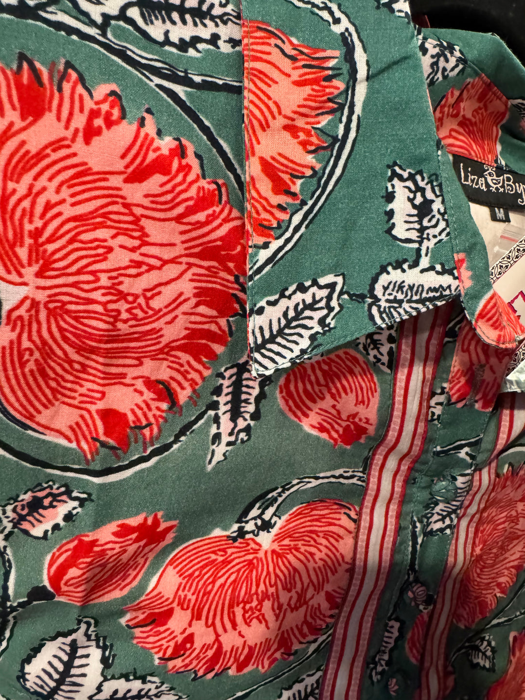 The Annika Cotton Button Front Dress in Green and Red Crimson Hand Block Printed Floral
