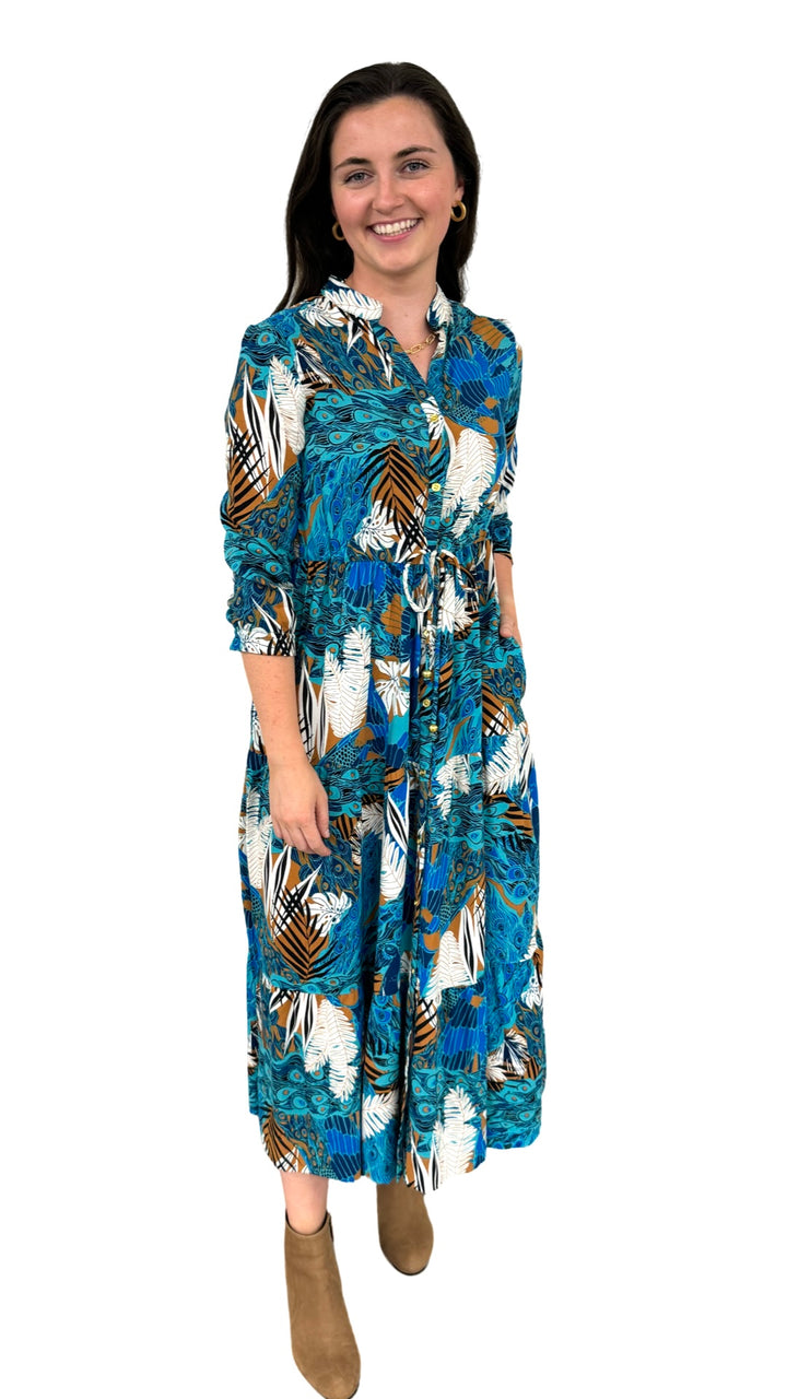 The Hamilton Tie Front Dress in Turquoise and Mocha Multi