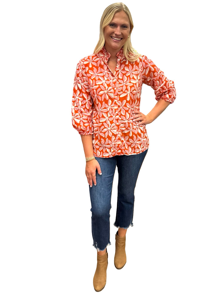 The Tricia Shirt in Red Pink Floral with Bead Detailing